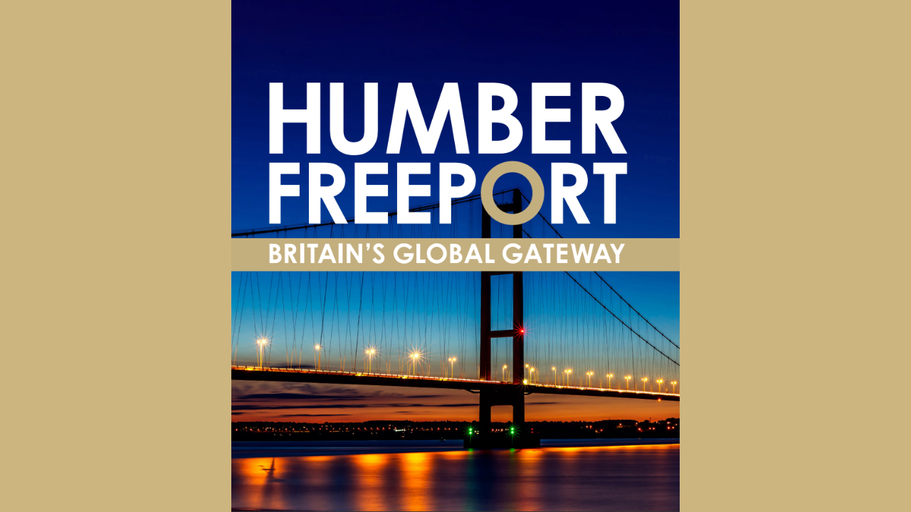 Humber Freeport brochure cover with title, tagline and a photo of the Humber Bridge